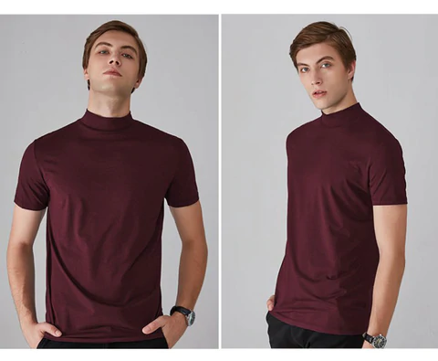 🔥👕 Upgrade Your Style with Men’s High Neck Slim Fit Tee 🚀✨ Breathable & Cool Fit, Figure-Flattering High Collar. Solid Colors for Leisure. Black, White, Grey & More.