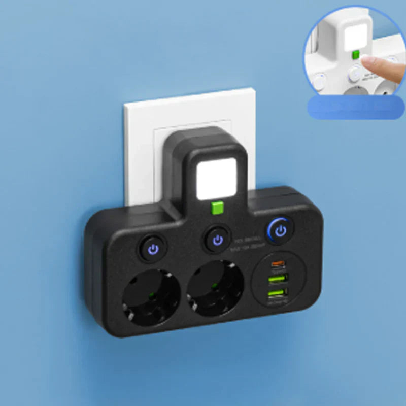 🔌💡 Power Strip with USB Ports & Night Light ⚡🔌 Surge Protector with 5 Outlets and 3 USB Charging Ports, Individual Switches for Energy Saving, Compact Travel-Friendly Design for Bedroom or Office Use