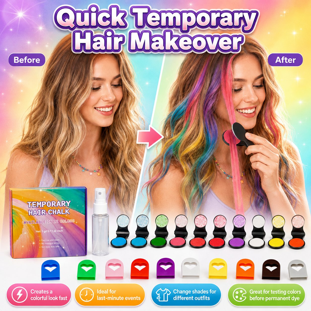🔥Last Day 57% OFF🌈12-Color Temporary Hair Chalk Applicator Set