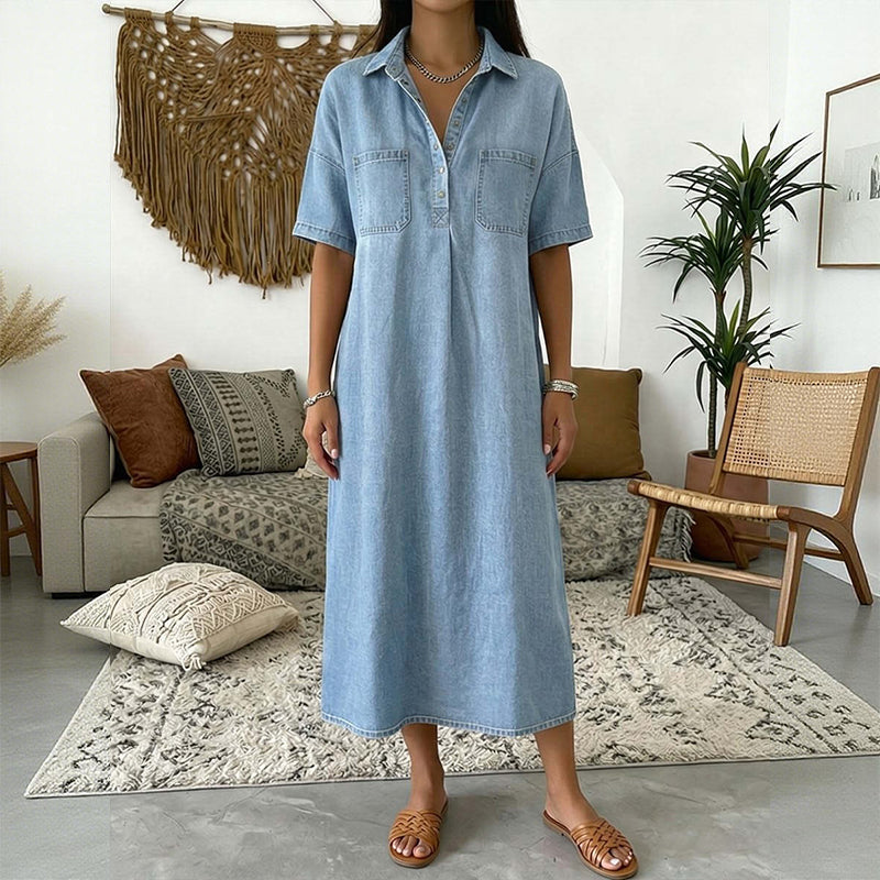 👗 54% OFF NOW! 👖 Casual Pocket Denim Midi Shirt Dress – Soft denim & relaxed fit – Functional pockets, perfect for everyday casual – comfortable and versatile ✨🌸