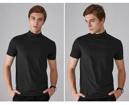 🔥👕 Upgrade Your Style with Men’s High Neck Slim Fit Tee 🚀✨ Breathable & Cool Fit, Figure-Flattering High Collar. Solid Colors for Leisure. Black, White, Grey & More.
