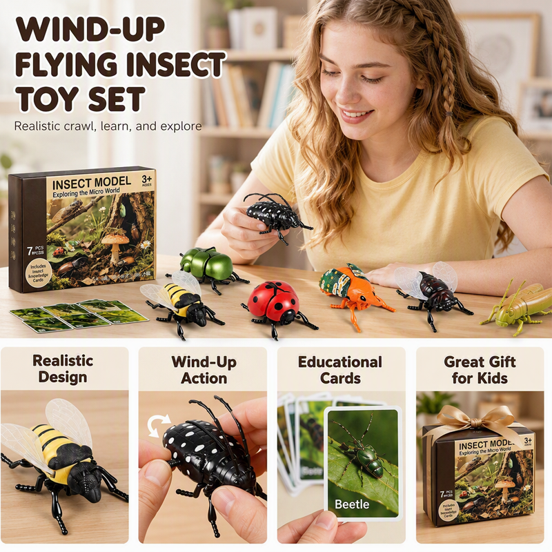Wind-Up Winged Insect Simulation Toy Set with Educational Cards