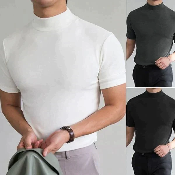 🔥👕 Upgrade Your Style with Men’s High Neck Slim Fit Tee 🚀✨ Breathable & Cool Fit, Figure-Flattering High Collar. Solid Colors for Leisure. Black, White, Grey & More.