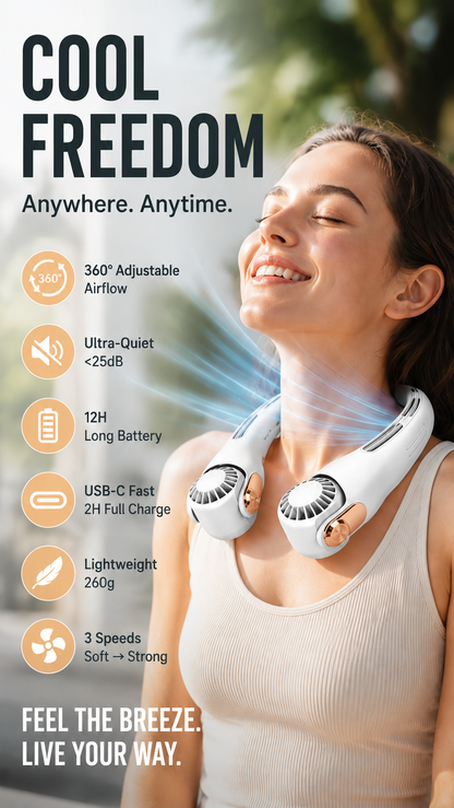 🥳2026 HOT SALE🥳💞50K+ SOLD!🍃💨 50% OFF! Neck Air Conditioner Fan – Ultra‑quiet, 360° rotating, 3 speeds. Hands‑free cooling, long battery. Summer essential! 😎🌬️