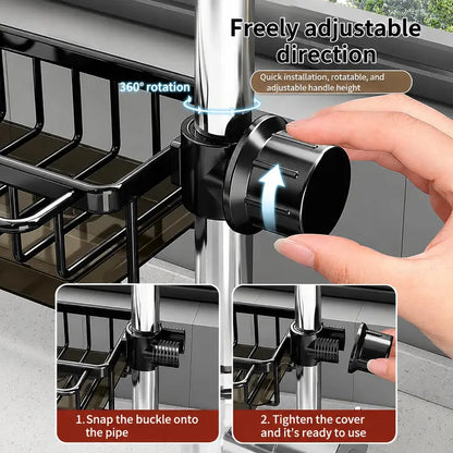 🧽🚰Faucet‑Mounted Sink‑Sponge‑Holder | Tool‑Free Install, Removable‑Drip‑Tray & Side‑Hook🏠