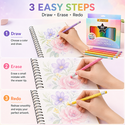 Color Freely, Erase Instantly! 50-Color No-Roll Erasable Pencils