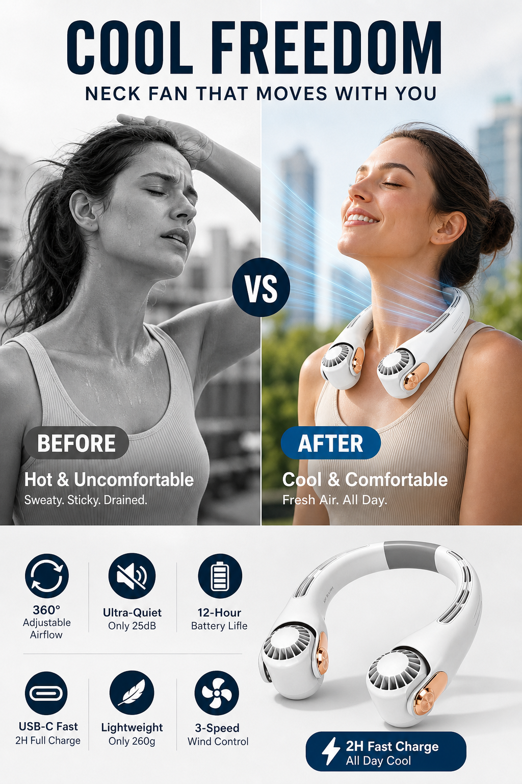 🥳2026 HOT SALE🥳💞50K+ SOLD!🍃💨 50% OFF! Neck Air Conditioner Fan – Ultra‑quiet, 360° rotating, 3 speeds. Hands‑free cooling, long battery. Summer essential! 😎🌬️