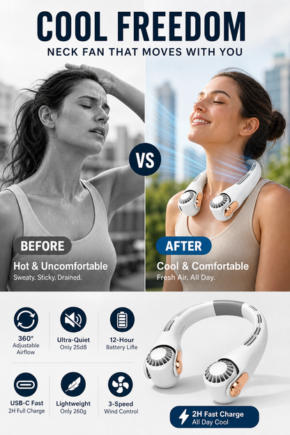 🥳2026 HOT SALE🥳💞50K+ SOLD!🍃💨 50% OFF! Neck Air Conditioner Fan – Ultra‑quiet, 360° rotating, 3 speeds. Hands‑free cooling, long battery. Summer essential! 😎🌬️