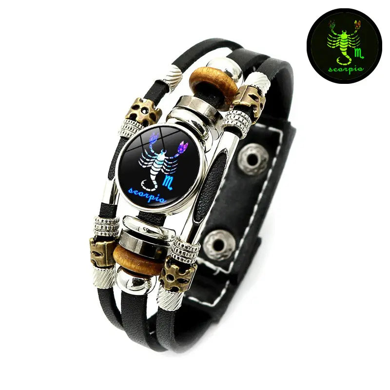 Glow-in-the-Dark 12 Leather Zodiac Bracelet for Men and Women(6.9/8.1in)