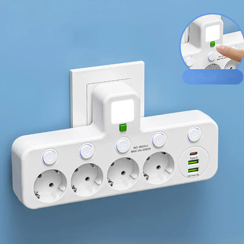 🔌💡 Power Strip with USB Ports & Night Light ⚡🔌  Surge Protector with 5 Outlets and 3 USB Charging Ports, Individual Switches for Energy Saving, Compact Travel-Friendly Design for Bedroom or Office Use