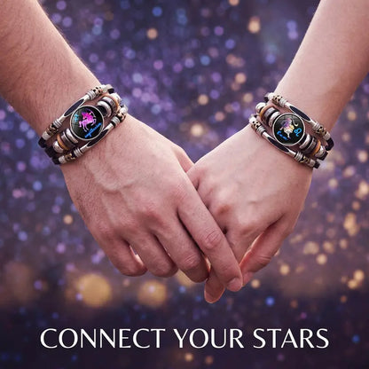Glow-in-the-Dark 12 Leather Zodiac Bracelet for Men and Women(6.9/8.1in)
