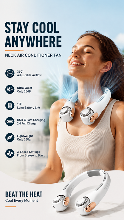 🥳2026 HOT SALE🥳💞50K+ SOLD!🍃💨 50% OFF! Neck Air Conditioner Fan – Ultra‑quiet, 360° rotating, 3 speeds. Hands‑free cooling, long battery. Summer essential! 😎🌬️