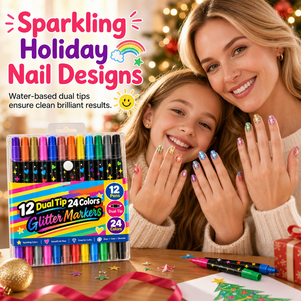 ⏰🎁24 Pack Dual Tip Glitter Markers and Highlighters Set 24 Colors Double Ended Soft Brush Tip Pens for Student Art Drawing