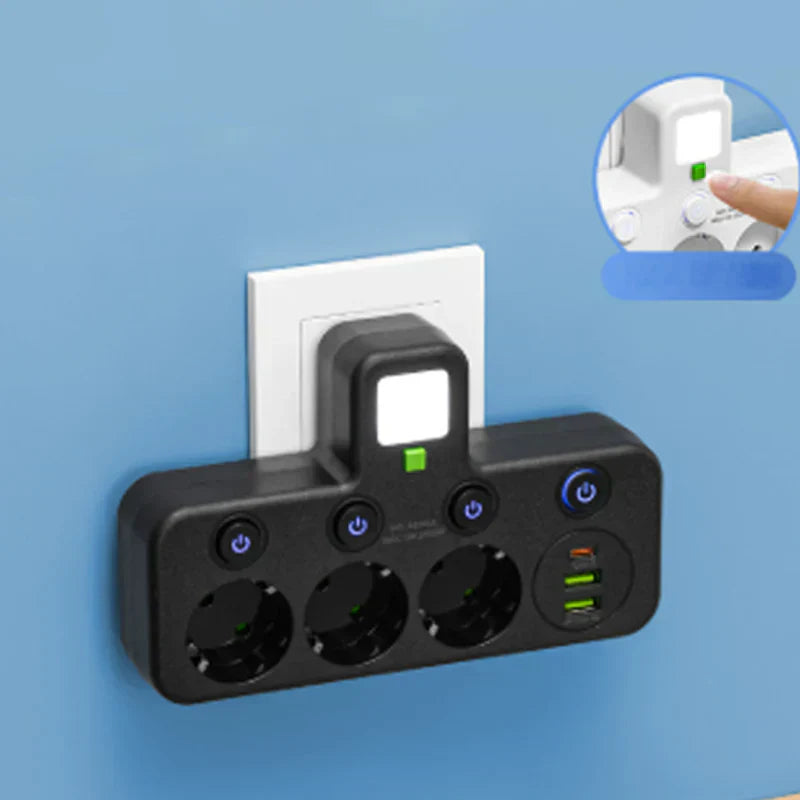 🔌💡 Power Strip with USB Ports & Night Light ⚡🔌  Surge Protector with 5 Outlets and 3 USB Charging Ports, Individual Switches for Energy Saving, Compact Travel-Friendly Design for Bedroom or Office Use