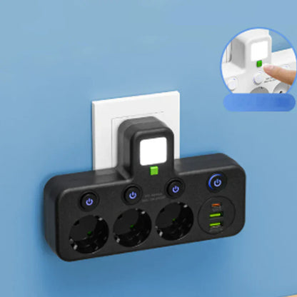 🔌💡 Power Strip with USB Ports & Night Light ⚡🔌  Surge Protector with 5 Outlets and 3 USB Charging Ports, Individual Switches for Energy Saving, Compact Travel-Friendly Design for Bedroom or Office Use
