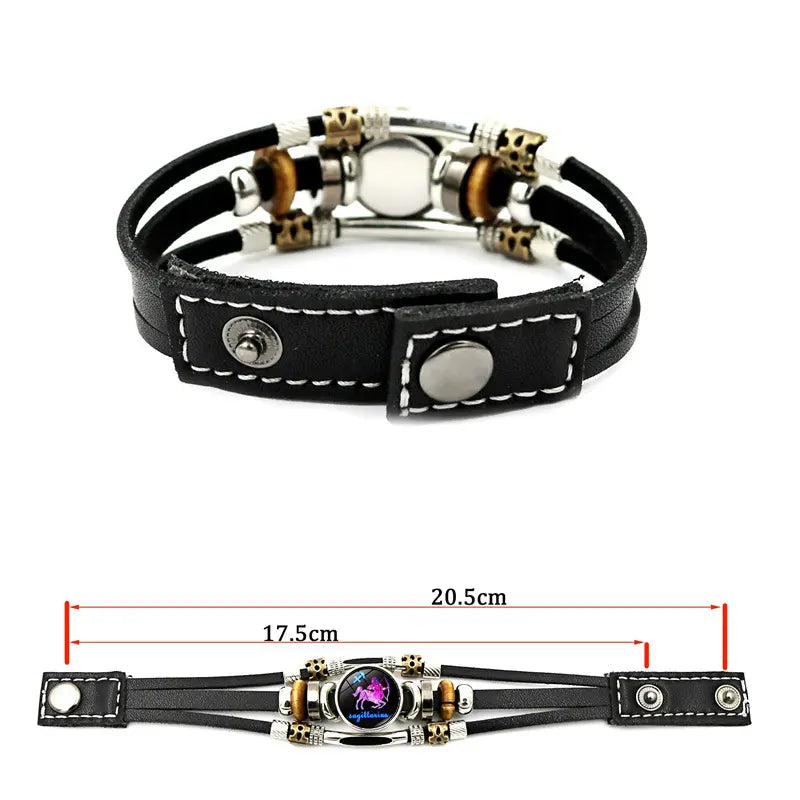 Glow-in-the-Dark 12 Leather Zodiac Bracelet for Men and Women(6.9/8.1in)
