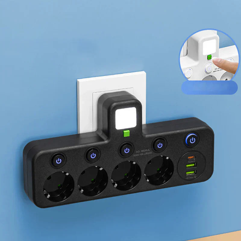 🔌💡 Power Strip with USB Ports & Night Light ⚡🔌  Surge Protector with 5 Outlets and 3 USB Charging Ports, Individual Switches for Energy Saving, Compact Travel-Friendly Design for Bedroom or Office Use