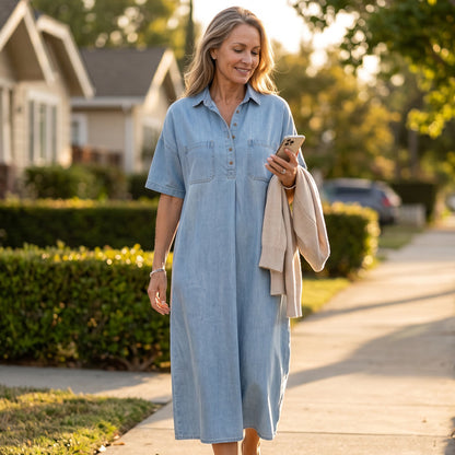 👗 54% OFF NOW! 👖 Casual Pocket Denim Midi Shirt Dress – Soft denim & relaxed fit – Functional pockets, perfect for everyday casual – comfortable and versatile ✨🌸