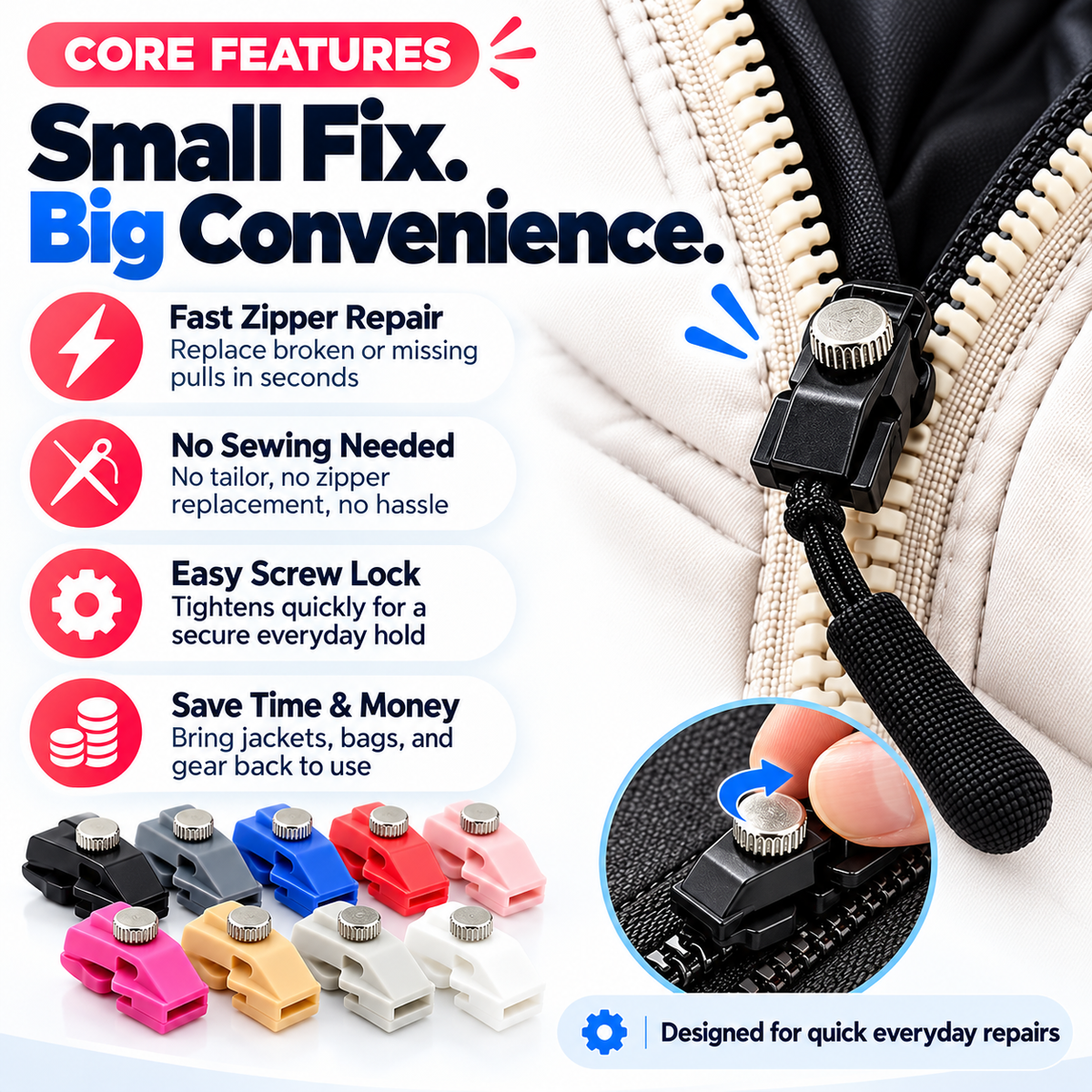 Fix Broken Zipper Pulls Instantly! No-Sew Clip-On Repair Kit