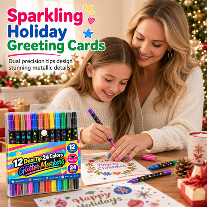⏰🎁24 Pack Dual Tip Glitter Markers and Highlighters Set 24 Colors Double Ended Soft Brush Tip Pens for Student Art Drawing