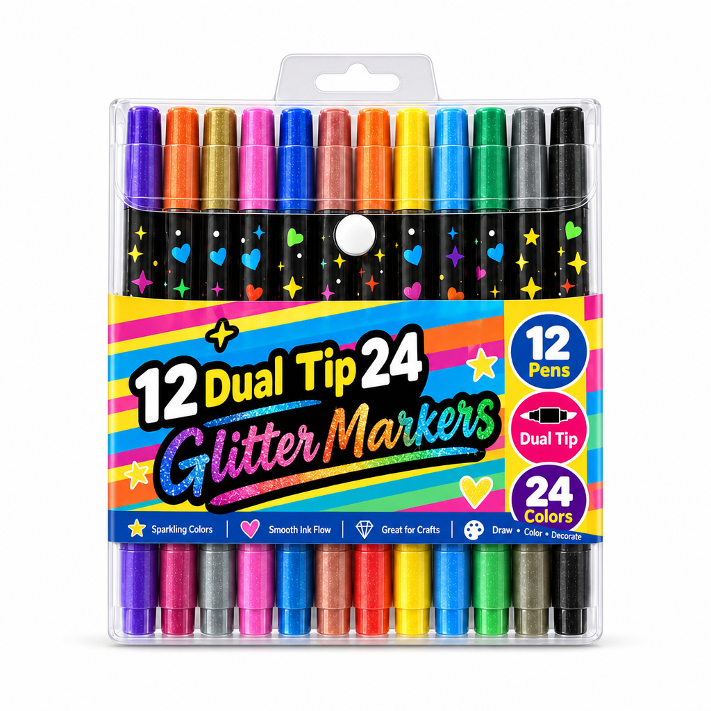 ⏰🎁24 Pack Dual Tip Glitter Markers and Highlighters Set 24 Colors Double Ended Soft Brush Tip Pens for Student Art Drawing