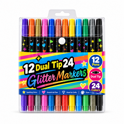 ⏰🎁24 Pack Dual Tip Glitter Markers and Highlighters Set 24 Colors Double Ended Soft Brush Tip Pens for Student Art Drawing