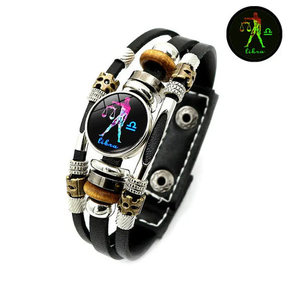 Glow-in-the-Dark 12 Leather Zodiac Bracelet for Men and Women(6.9/8.1in)