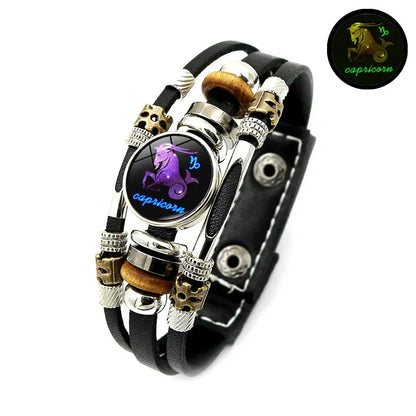 Glow-in-the-Dark 12 Leather Zodiac Bracelet for Men and Women(6.9/8.1in)