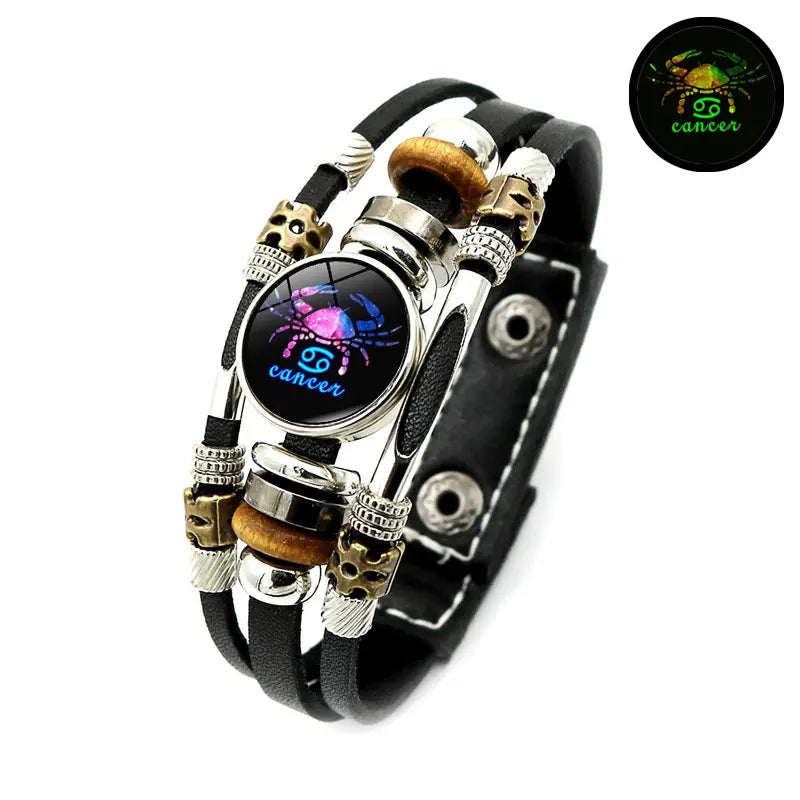 Glow-in-the-Dark 12 Leather Zodiac Bracelet for Men and Women(6.9/8.1in)
