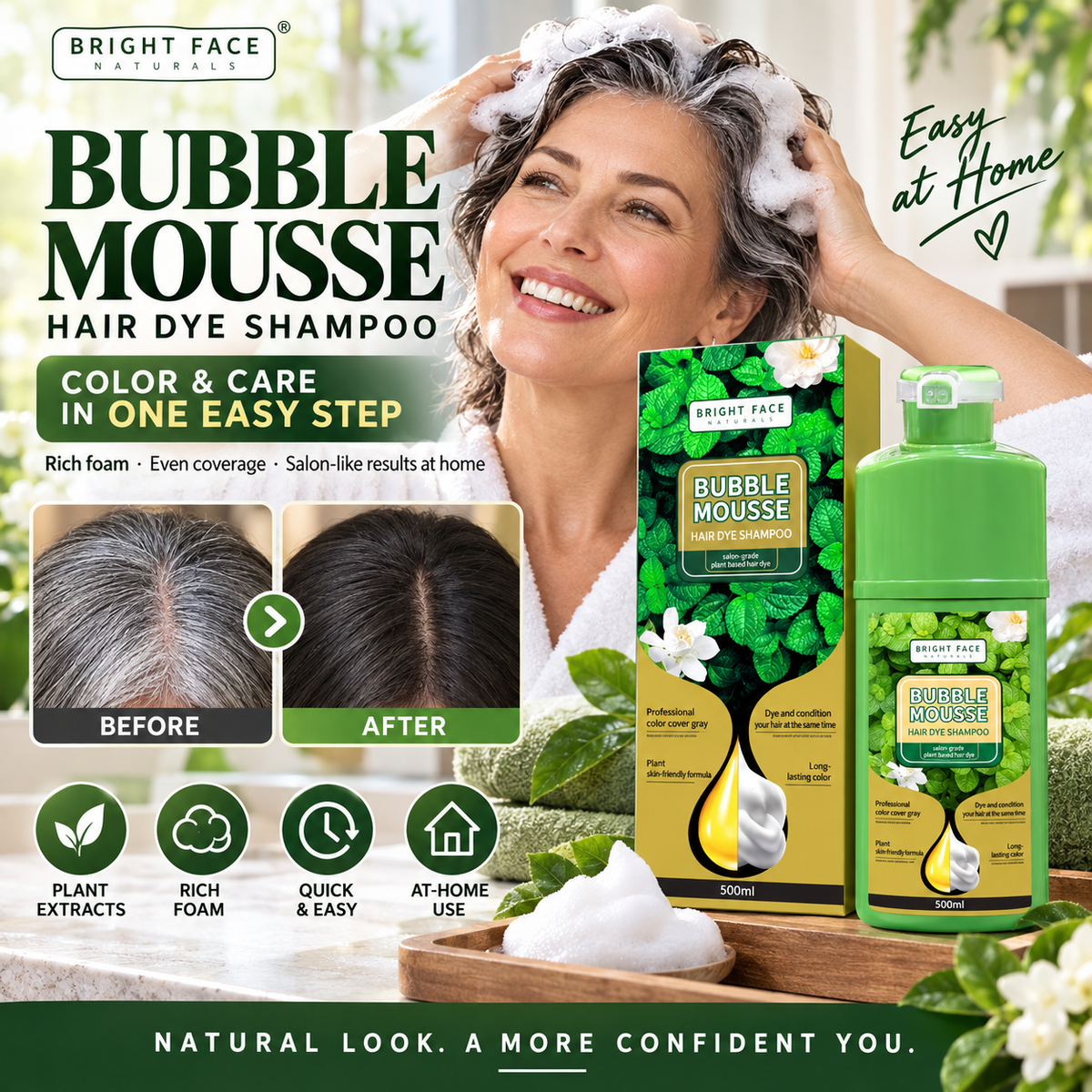 💈50% OFF NOW! Long-Lasting Plant-Based Foam Hair Dye, Bubble Mousse Hair Dye Shampoo, Easy At-Home Hair Color, Gentle Formula for Gray Hair Coverage