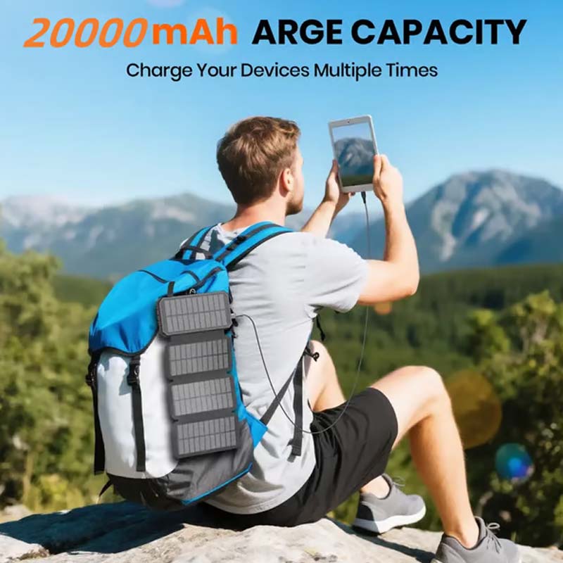 20000mAh Solar-Powered Outdoor Emergency Portable Power Bank with LED Flashlight