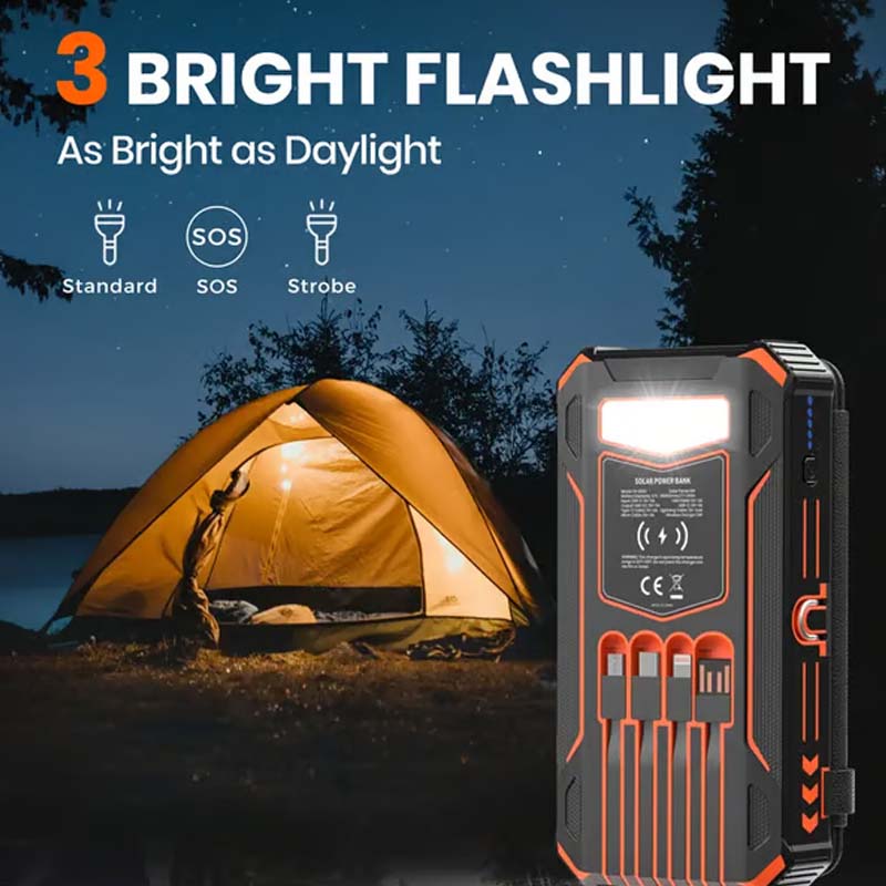 20000mAh Solar-Powered Outdoor Emergency Portable Power Bank with LED Flashlight