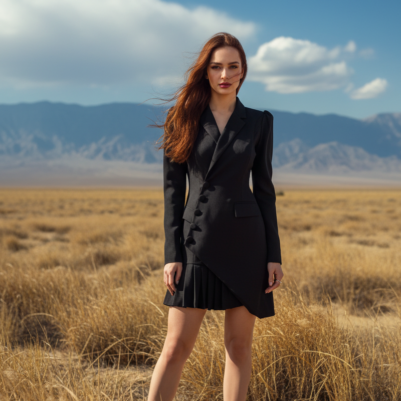 Button-Front Pleated Mini Blazer Dress