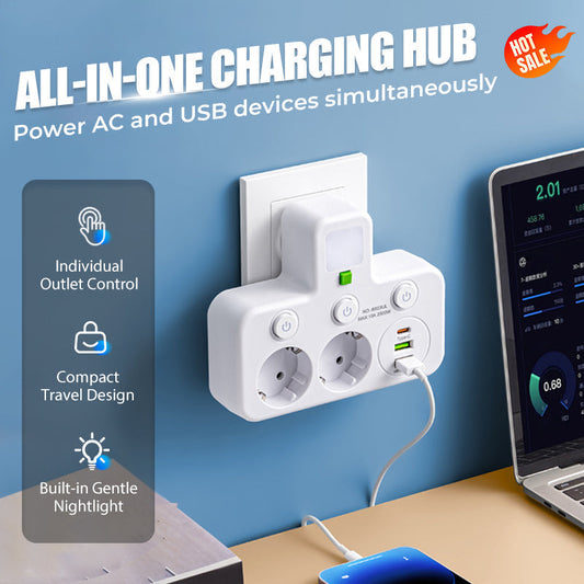 🔌💡 Power Strip with USB Ports & Night Light ⚡🔌  Surge Protector with 5 Outlets and 3 USB Charging Ports, Individual Switches for Energy Saving, Compact Travel-Friendly Design for Bedroom or Office Use