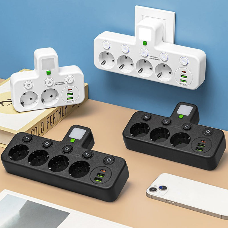 🔌💡 Power Strip with USB Ports & Night Light ⚡🔌  Surge Protector with 5 Outlets and 3 USB Charging Ports, Individual Switches for Energy Saving, Compact Travel-Friendly Design for Bedroom or Office Use