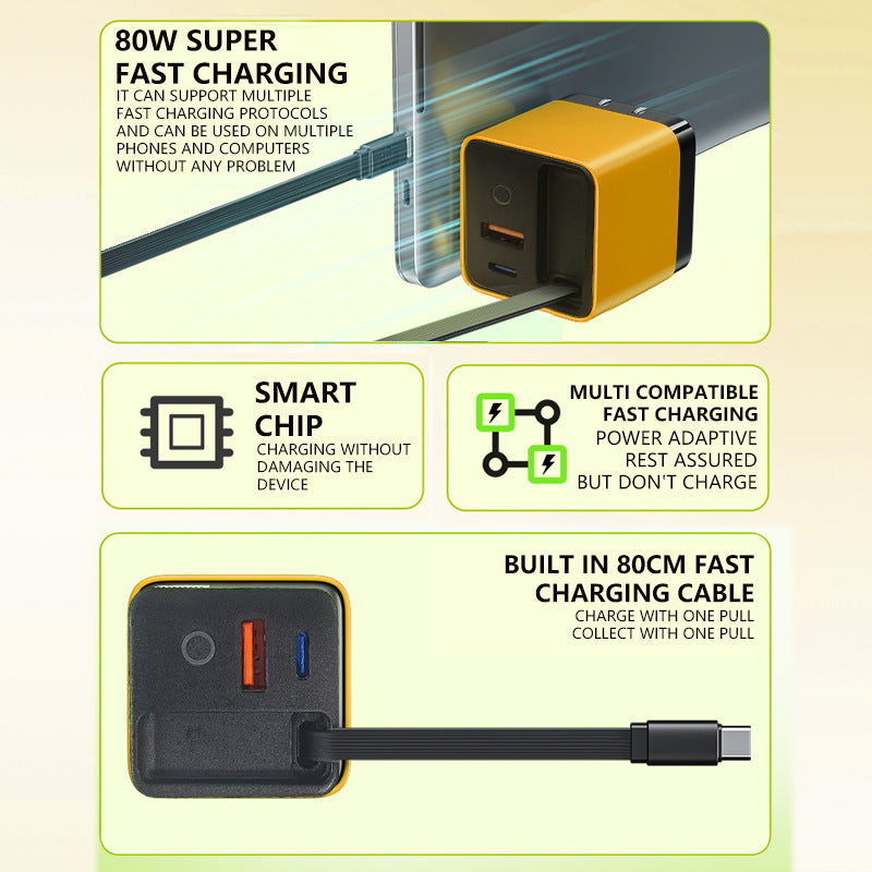 🎉 2026 Sale — Over 32000 Sold! 💰65W Fast Charging Phone Charger Block with Retractable 80cm Type-C Cable portable