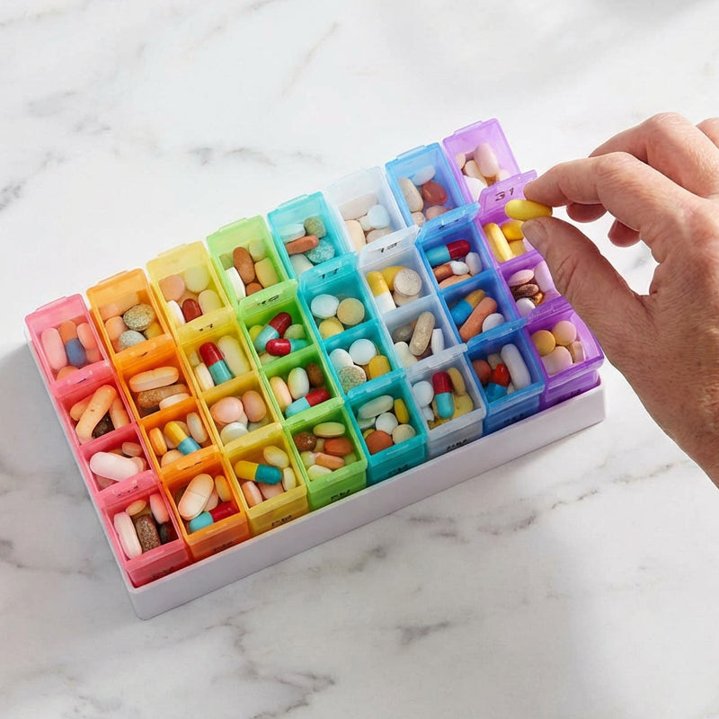 💊📅 Daily 31-Day Pill Organizer Travel Case – 🔒📦 4-Week Medication Box with Compartments & Labels, Ideal for Weekly Planning, Vacations & Seniors, Compact Storage