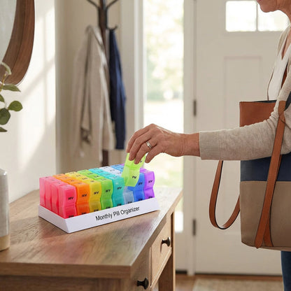💊📅 Daily 31-Day Pill Organizer Travel Case – 🔒📦 4-Week Medication Box with Compartments & Labels, Ideal for Weekly Planning, Vacations & Seniors, Compact Storage