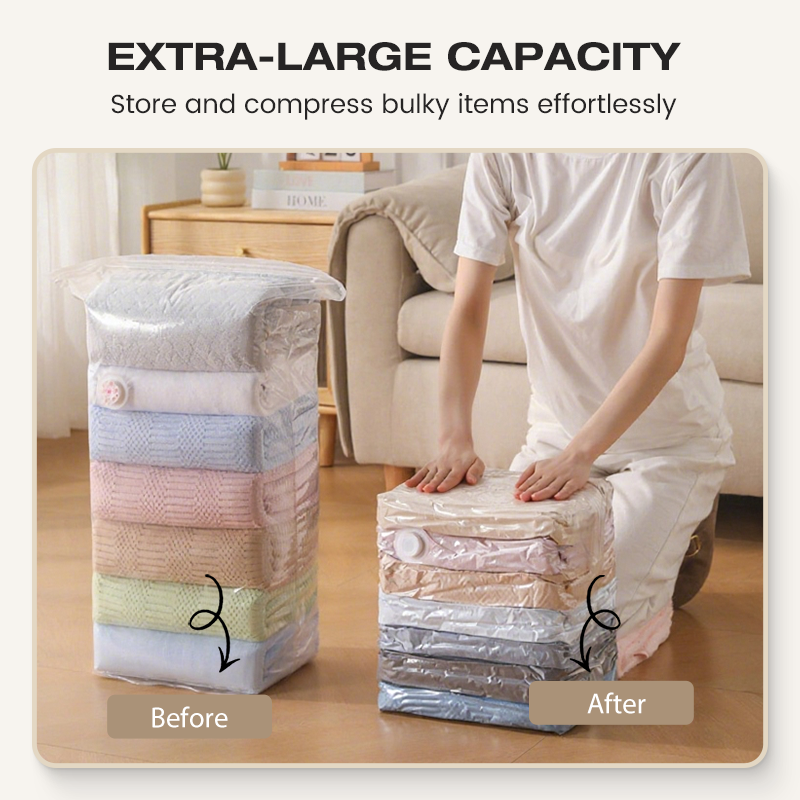 🔥💨 50% OFF! 🧳 No-Pump Vacuum Storage Bags – 3 Second Compression, 80% Space Saved, Air Valve Design – PA+PE Anti-Mould & Moisture Proof – for Clothes, Bedding, Travel – Extra Large Sizes