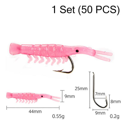 50PCS Lifelike Shrimp Lures Set with Hooks