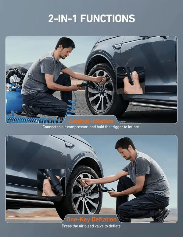 ✨50% OFF🔧 Digital Tyre Pressure Gauge & Inflator: ±1% Accuracy, 4 Units, Brass & Steel