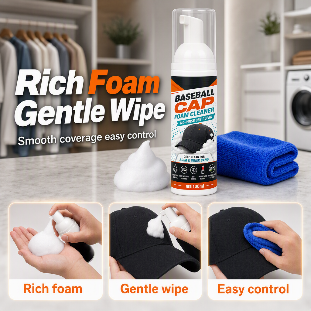 🧢50% OFF NOW! No‑Rinse Baseball Cap Foam Cleaner, Deep Clean Hat Foam Cleaning Spray, Sweat Stain & Dust Remover for Baseball Hats, Quick Dry Cap Care Solution