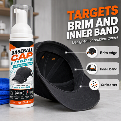 🧢50% OFF NOW! No‑Rinse Baseball Cap Foam Cleaner, Deep Clean Hat Foam Cleaning Spray, Sweat Stain & Dust Remover for Baseball Hats, Quick Dry Cap Care Solution