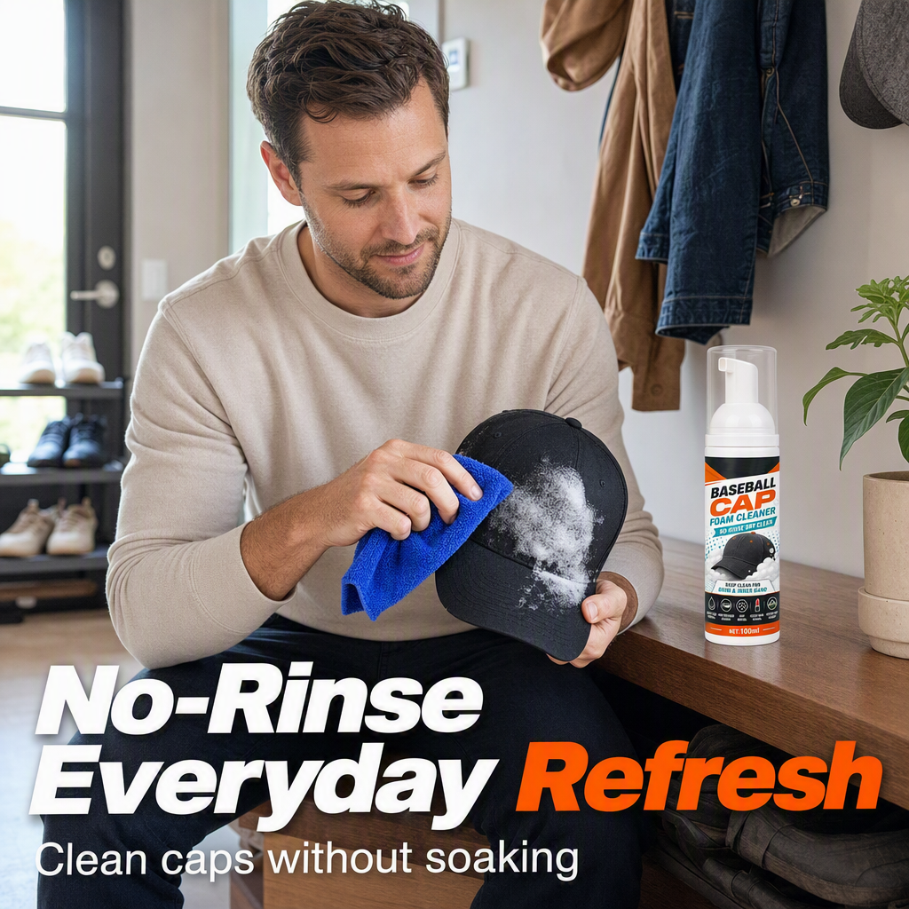 🧢50% OFF NOW! No‑Rinse Baseball Cap Foam Cleaner, Deep Clean Hat Foam Cleaning Spray, Sweat Stain & Dust Remover for Baseball Hats, Quick Dry Cap Care Solution