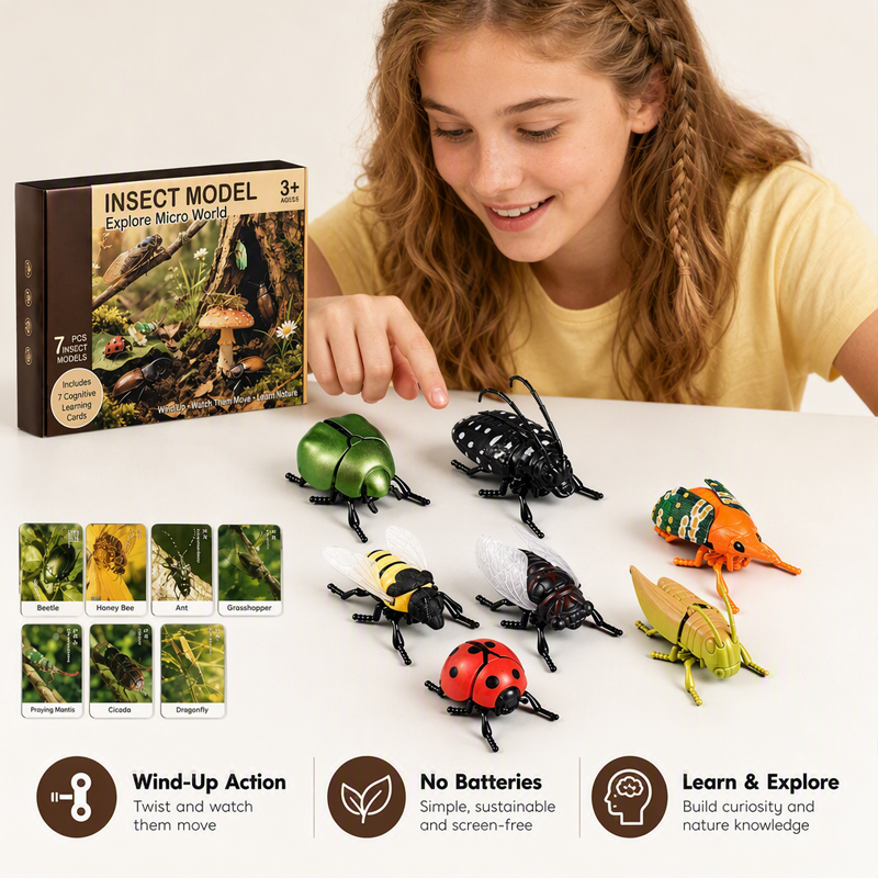 Wind-Up Winged Insect Simulation Toy Set with Educational Cards