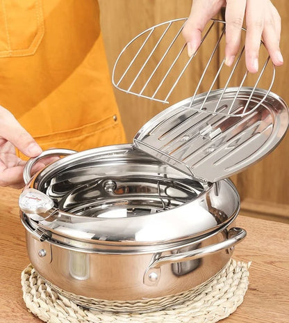 ⏳Time-Limited Special⏰Stainless Steel Tempura Fryer Pot – Thermometer, Drain Rack, Deep‑Body ✨