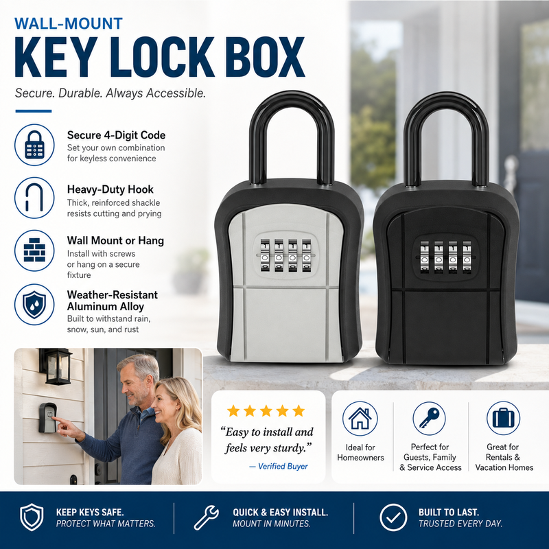 🔐50% OFF NOW! Wall‑Mount Waterproof Key Lock Box‑ 4‑Digit Combination Key Storage Safe Box, Hangable Outdoor Key Holder for Home, Rental, Office & Job Site