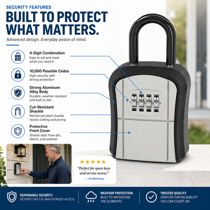 🔐50% OFF NOW! Wall‑Mount Waterproof Key Lock Box‑ 4‑Digit Combination Key Storage Safe Box, Hangable Outdoor Key Holder for Home, Rental, Office & Job Site