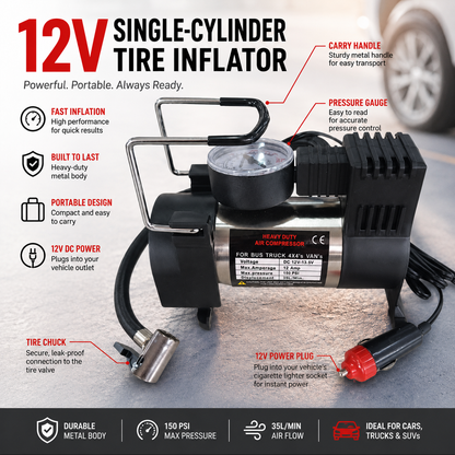 🚗50% OFF NOW! Heavy‑Duty Single‑Cylinder Car Air Compressor‑12V Portable Tire Inflator with Pressure Gauge, Fast Inflation Air Pump for Cars, Trucks & SUVs Emergency Use
