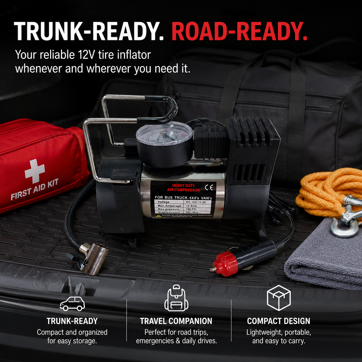 🚗50% OFF NOW! Heavy‑Duty Single‑Cylinder Car Air Compressor‑12V Portable Tire Inflator with Pressure Gauge, Fast Inflation Air Pump for Cars, Trucks & SUVs Emergency Use